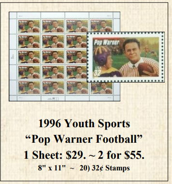 1996 Youth Sports “Pop Warner Football” Stamp Sheet