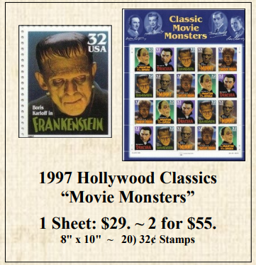 universal monsters stamps 1997 Hollywood Classics “Movie Monsters” Stamp Sheet