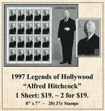 1997 Legends of Hollywood “Alfred Hitchcock” Stamp Sheet
