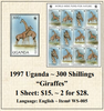 1997 Uganda ~ 300 Shillings “Giraffes” Stamp Sheet