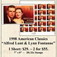 1998 American Classics “Alfred Lunt & Lynn Fontanne” Stamp Sheet