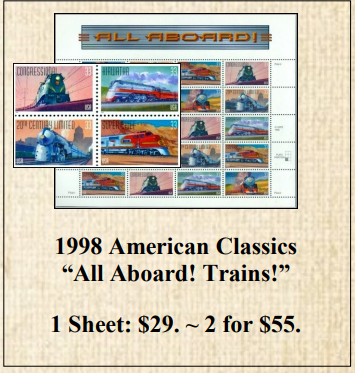 1998 American Classics “All Aboard! Trains!” Stamp Sheet