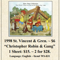 1998 St. Vincent & Gren. ~ $6  “Christopher Robin & Gang” Stamp Sheet