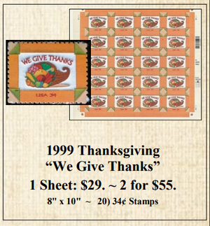 1999 Thanksgiving “We Give Thanks” Stamp Sheet