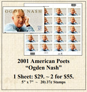2001 American Poets “Ogden Nash” Stamp Sheet