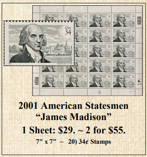 2001 American Statesmen “James Madison” Stamp Sheet