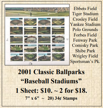 2001 Classic Ballparks “Baseball Stadiums” Stamp Sheet