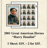 2001 Great American Heroes “Harry Houdini” Stamp Sheet