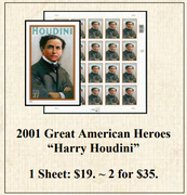 2001 Great American Heroes “Harry Houdini” Stamp Sheet