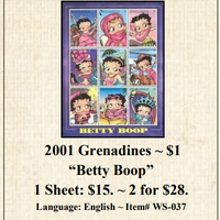 2001 Grenadines ~ $1 “Betty Boop” Stamp Sheet