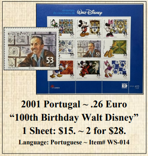 2001 Portugal ~ .26 Euro “100th Birthday Walt Disney” Stamp Sheet