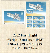 2002 First Flight “Wright Brothers" ~ 1903” Stamp Sheet