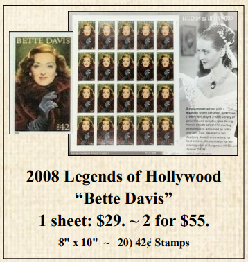 2008 Legends of Hollywood “Bette Davis” Stamp Sheet