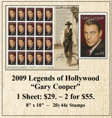 2009 Legends of Hollywood “Gary Cooper” Stamp Sheet