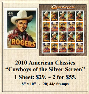 2010 American Classics “Cowboys of the Silver Screen” Stamp Sheet