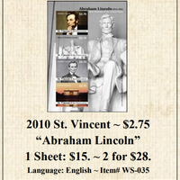 2010 St. Vincent ~ $2.75  “Abraham Lincoln” Stamp Sheet