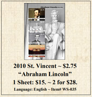 2010 St. Vincent ~ $2.75  “Abraham Lincoln” Stamp Sheet