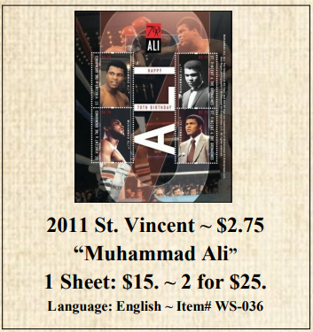 2011 St. Vincent ~ $2.75  “Muhammad Ali” Stamp Sheet