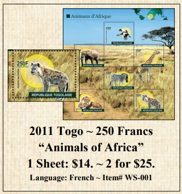 2011 Togo ~ 250 Francs “Animals of Africa” Stamp Sheet