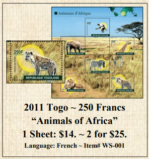2011 Togo ~ 250 Francs “Animals of Africa” Stamp Sheet
