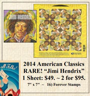 2014 American Classics RARE! “Jimi Hendrix” Stamp Sheet