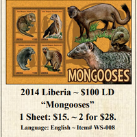 2014 Liberia ~ $100 LD “Mongooses” Stamp Sheet