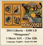 2014 Liberia ~ $100 LD “Mongooses” Stamp Sheet