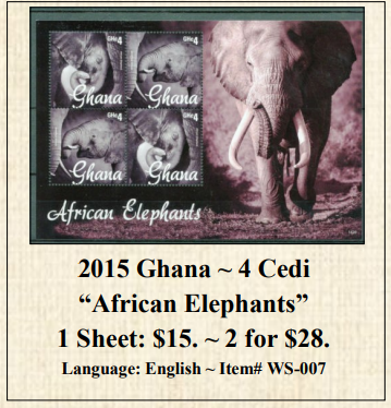 2015 Ghana ~ 4 Cedi “African Elephants” Stamp Sheet