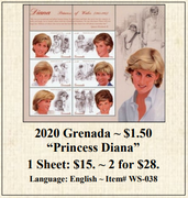 2020 Grenada ~ $1.50 “Princess Diana” Stamp Sheet