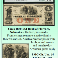 Circa 1850’s $1 Bank of Florence, Nebraska Obsolete Currency #217