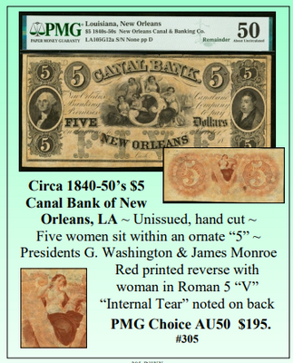 Circa 1840-50's $5 Canal Bank of New Orleans, LA Obsolete Currency #305