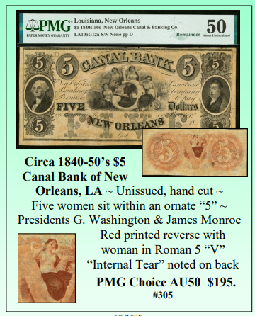 Circa 1840-50's $5 Canal Bank of New Orleans, LA Obsolete Currency