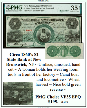Circa 1860's $2 State Bank at New Brunswick, NJ Obsolete Currency #307