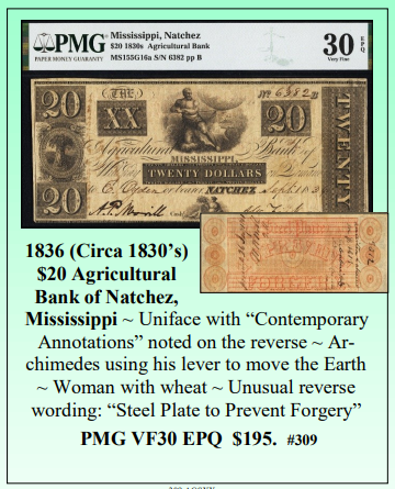 1836 (Circa 1830’s) $20 Agricultural Bank of Natchez, Mississippi Obsolete Currency #309