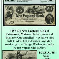 1857 $20 New England Bank of Fairmount, Maine Obsolete Currency #319