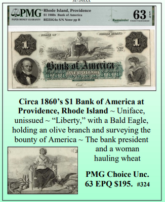 Circa 1860's $1 Bank of America at Providence, Rhode Island Obsolete Currency #324