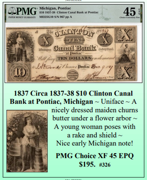 1837 Circa 1837-38 $10 Clinton Canal Bank at Pontiac, Michigan Obsolete Currency #326