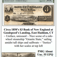 Circa 1850’s $3 Bank of New England at Goodspeed’s Landing, East Haddam, CT Obsolete Currency #327