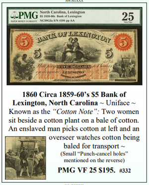 1860 Circa 1859-60's $5 Bank of Lexington, North Carolina Obsolete Currency #332