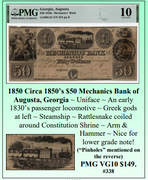 1850 Circa 1850's $50 Mechanics Bank of Augusta, Georgia Obsolete Currency #338