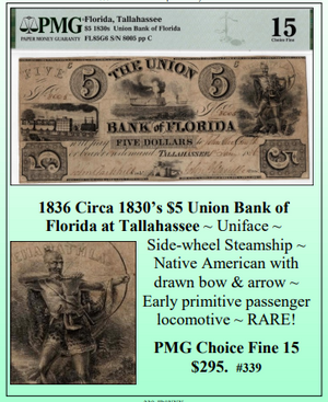 1836 Circa 1830's $5 Union Bank of Florida at Tallahassee Obsolete Currency #339