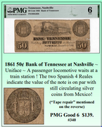 1861 50 Cent Bank of Tennessee at Nashville Obsolete Currency #340