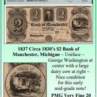 1837 Circa 1830's $2 Bank of Manchester, Michigan Obsolete Currency #344