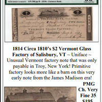 1814 Circa 1810's $2 Vermont Glass Factory of Salisbury, VT Obsolete Currency #346