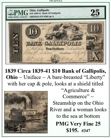 1839 Circa 1839-41 $10 Bank of Gallipolis, Ohio Obsolete Currency #347