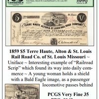 1859 $5 Terre Haute, Alton & St. Louis Rail Road Co. of St. Louis Missouri Obsolete Currency #348