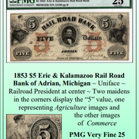 1853 $5 Erie & Kalamazoo Rail Road Bank of Adrian, Michigan Obsolete Currency #349