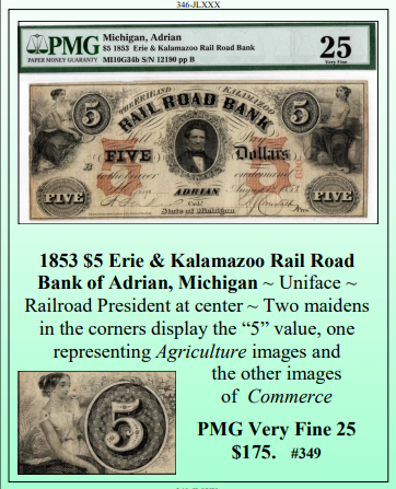 1853 $5 Erie & Kalamazoo Rail Road Bank of Adrian, Michigan Obsolete Currency #349