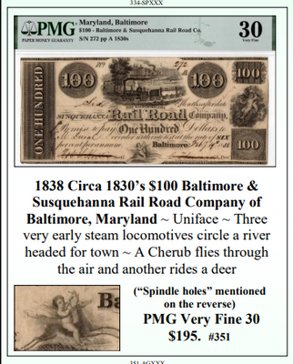 1838 Circa 1830's $100 Baltimore & Susquehanna Rail Road Company of Baltimore, Maryland Obsolete Currency #351