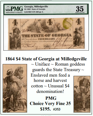 1864 $4 State of Georgia at Milledgeville Obsolete Currency #353